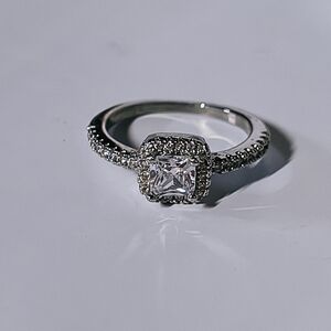 Sterling Silver Halo Cushion-Cut Engagement Ring - White
